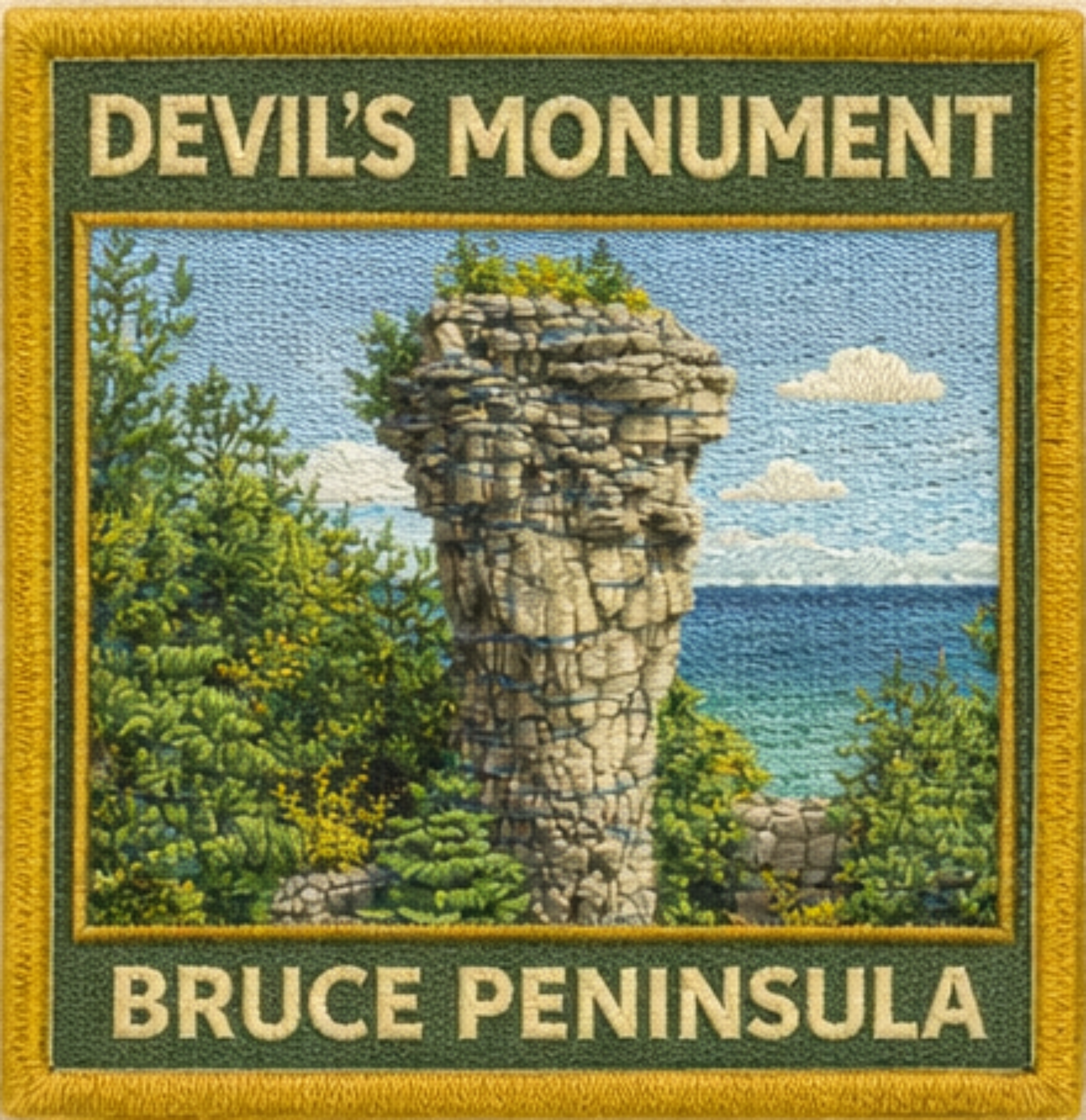 Embroidered patch of Devil's Monument on the Bruce Peninsula with scenic background