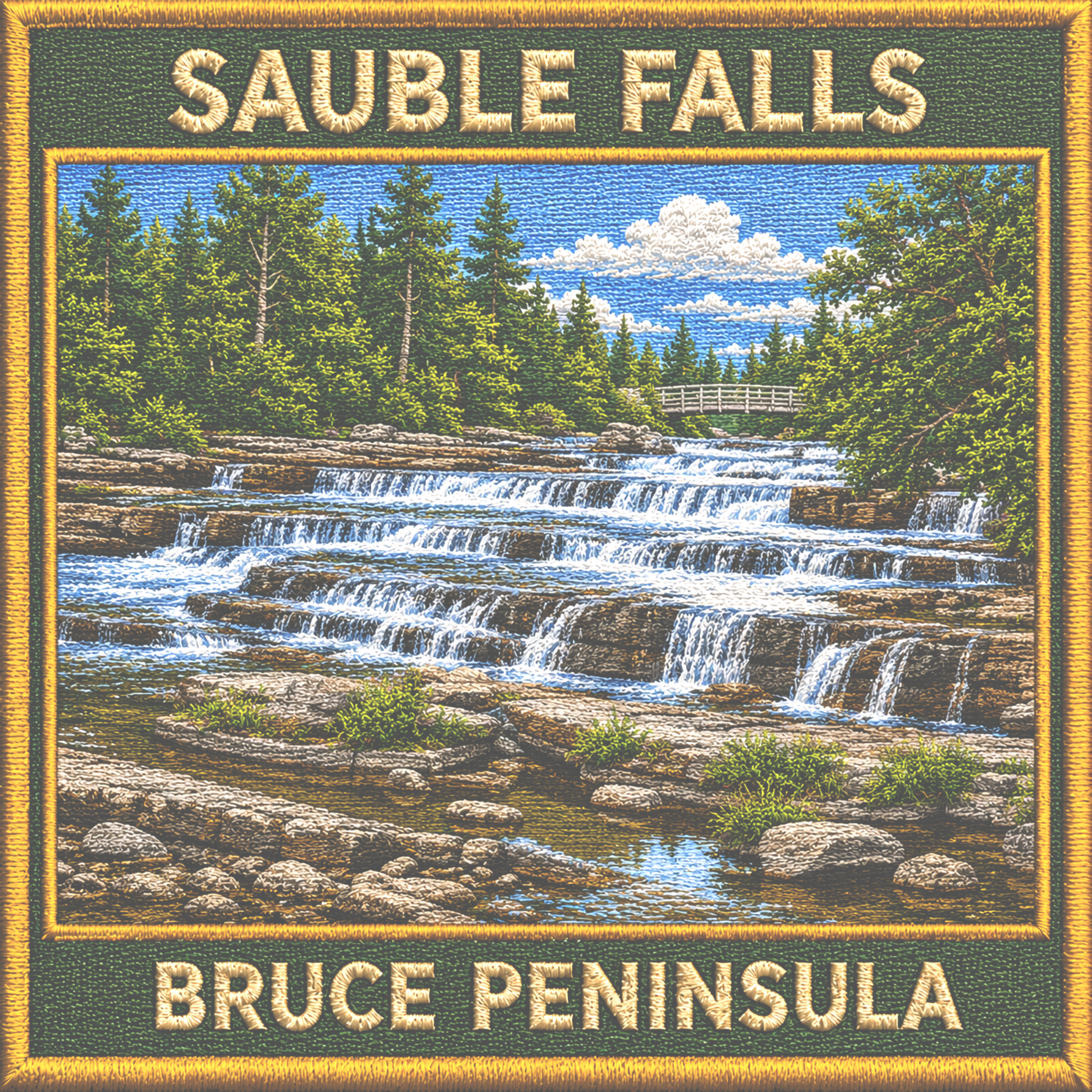 Embroidered patch of Sauble Falls on the Bruce Peninsula with a scenic waterfall and forest.