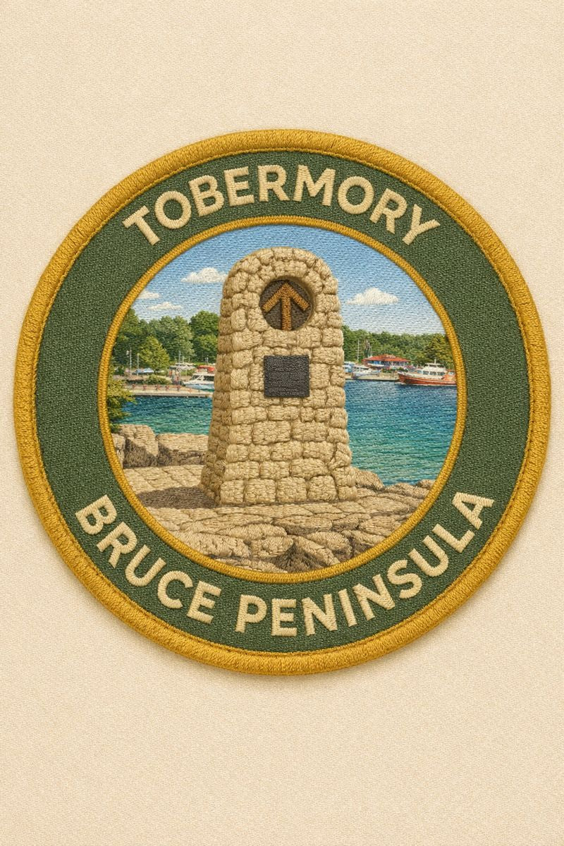 Circular patch with Tobermory and Bruce Peninsula text and a scenic illustration on a beige background