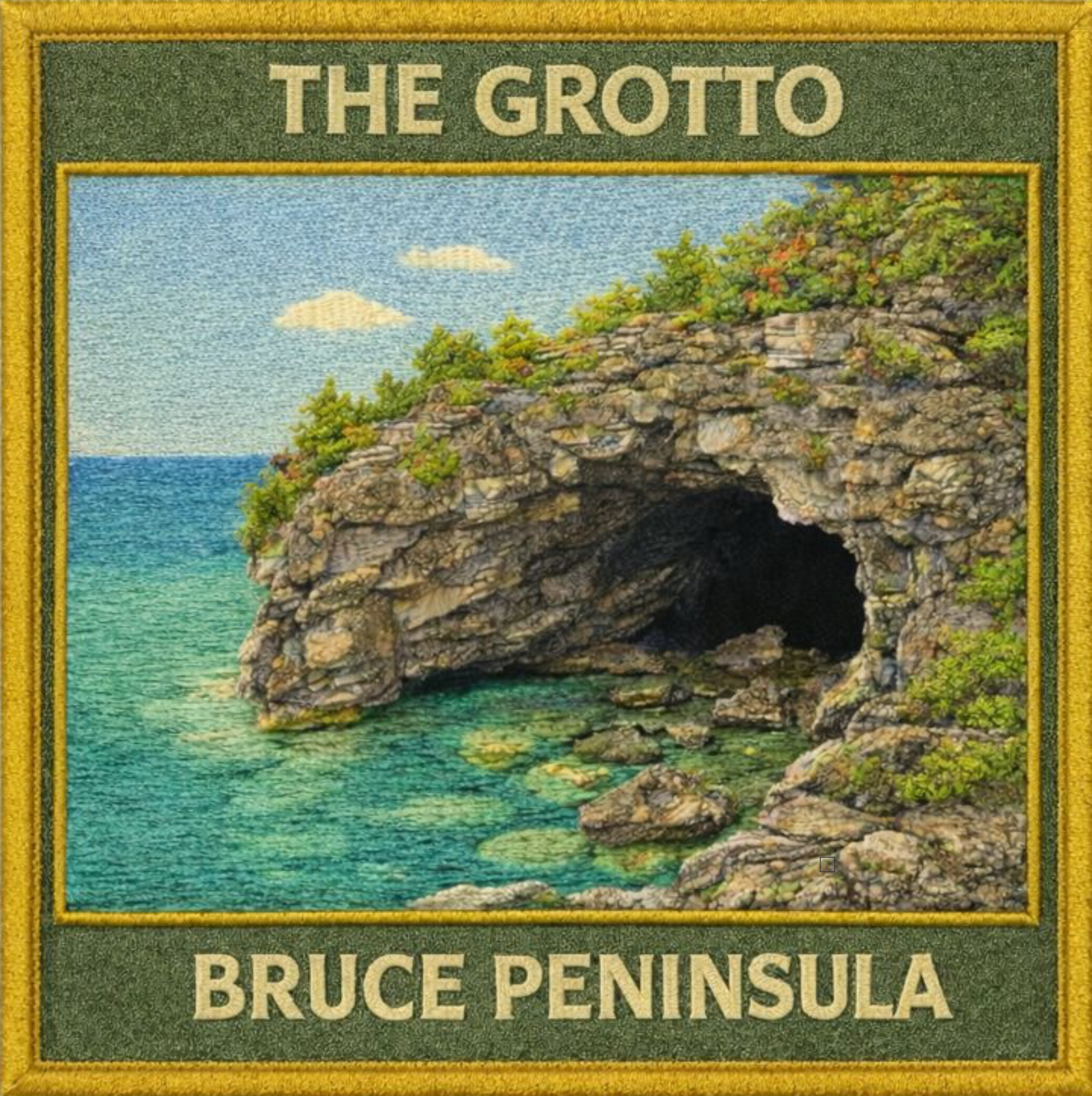 Embroidered patch of The Grotto on the Bruce Peninsula with a scenic depiction of a cave and ocean.