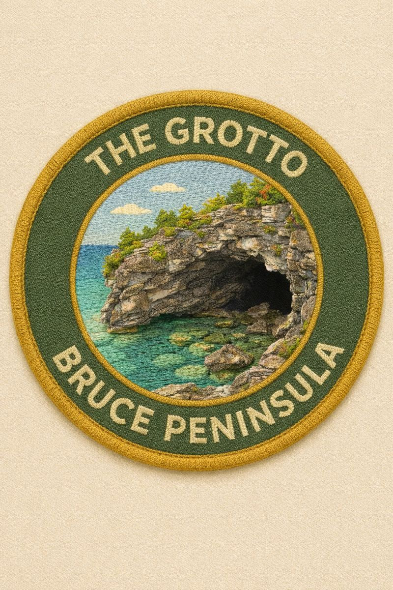 Embroidered patch of The Grotto on the Bruce Peninsula with a scenic design.