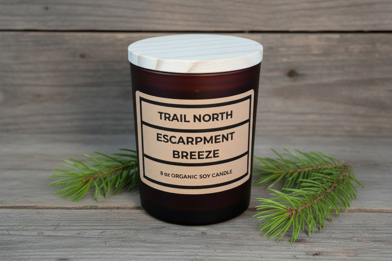 Candle labeled 'Trail North Escarpment Breeze' on a wooden surface
