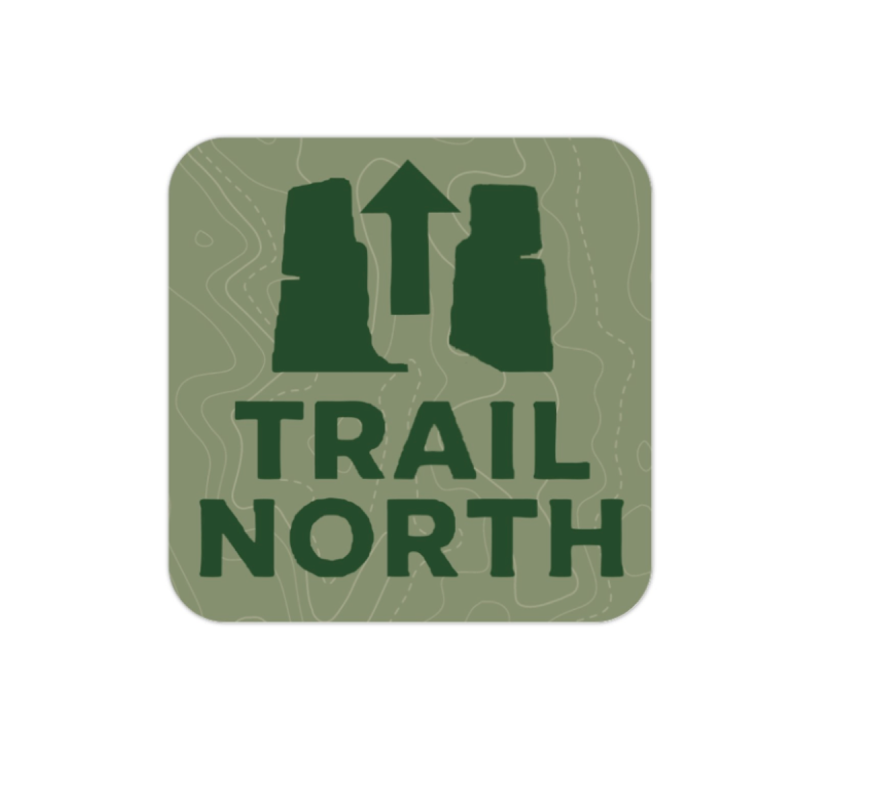 Green 'Trail North' logo on a topo design