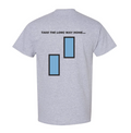 Gray t-shirt with text and blue rectangles on the back against a white background