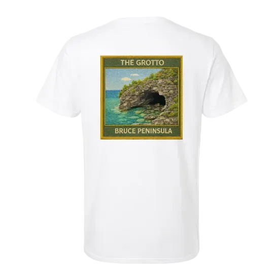 White t-shirt with a graphic of 'The Grotto Bruce Peninsula' on a gray background