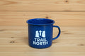 blue enamel camp mug with Trail North logo 