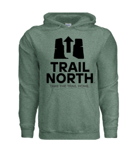 Green hoodie with 'Trail North' logo and text on a white background