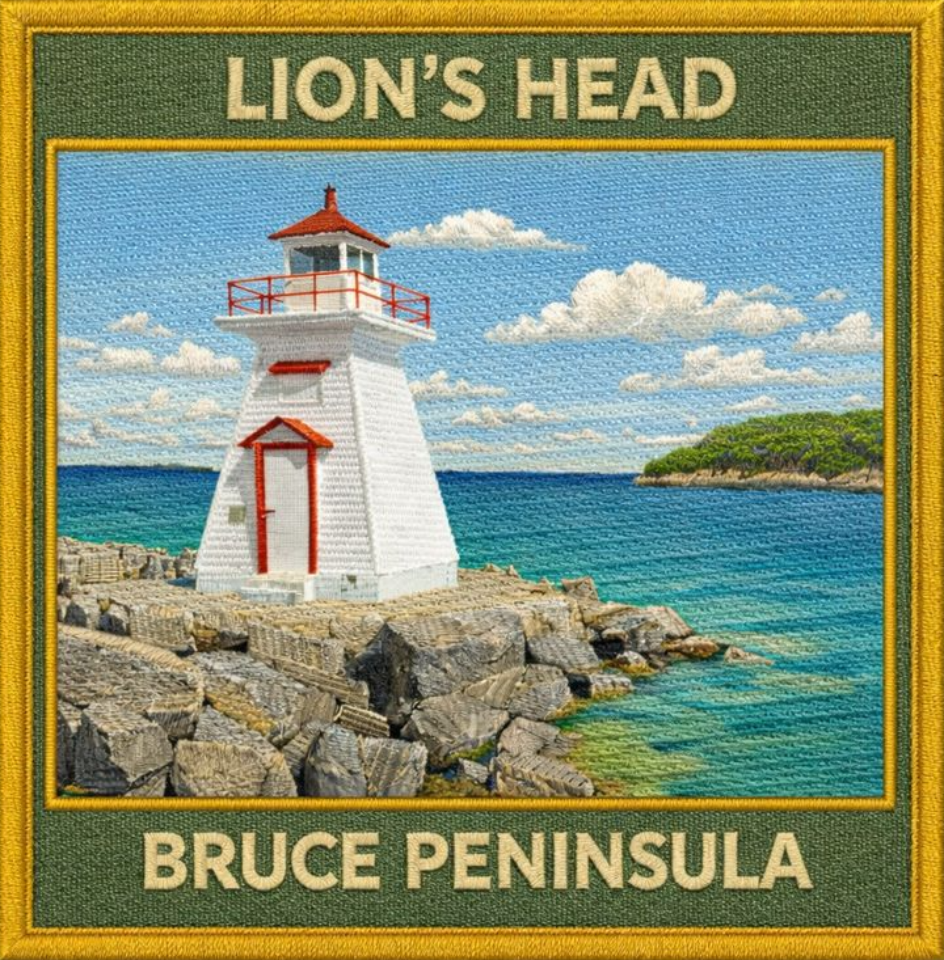 Embroidered patch of a lighthouse on the Bruce Peninsula with 'Lion's Head' text.