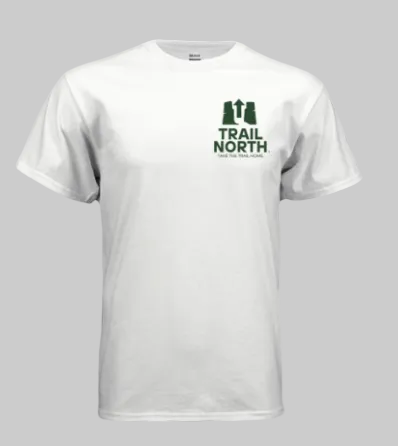White t-shirt with 'Trail North' logo on a white background