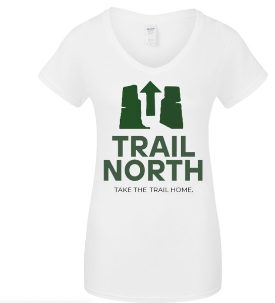 White t-shirt with green 'Trail North' design on a white background