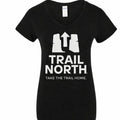Black t-shirt with 'Trail North' design and text on a white background