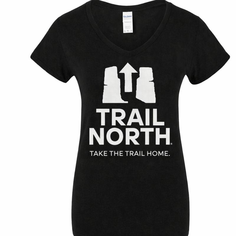 Black t-shirt with 'Trail North' design and text on a white background