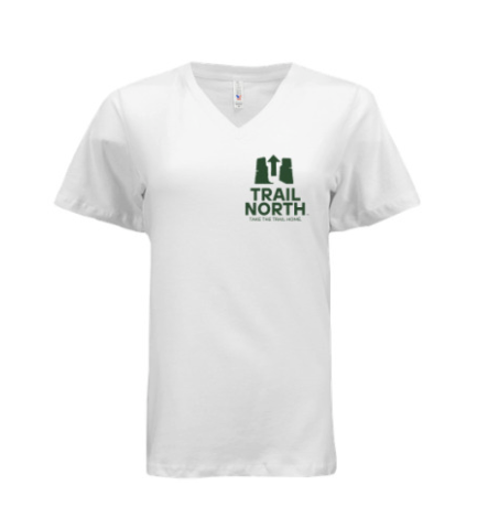White t-shirt with 'Trail North' logo on a white background